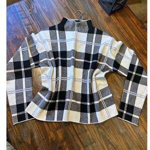 Tahari Womens XL Plaid Mock Neck Sweater Black White Grey Long Sleeve Knit Top